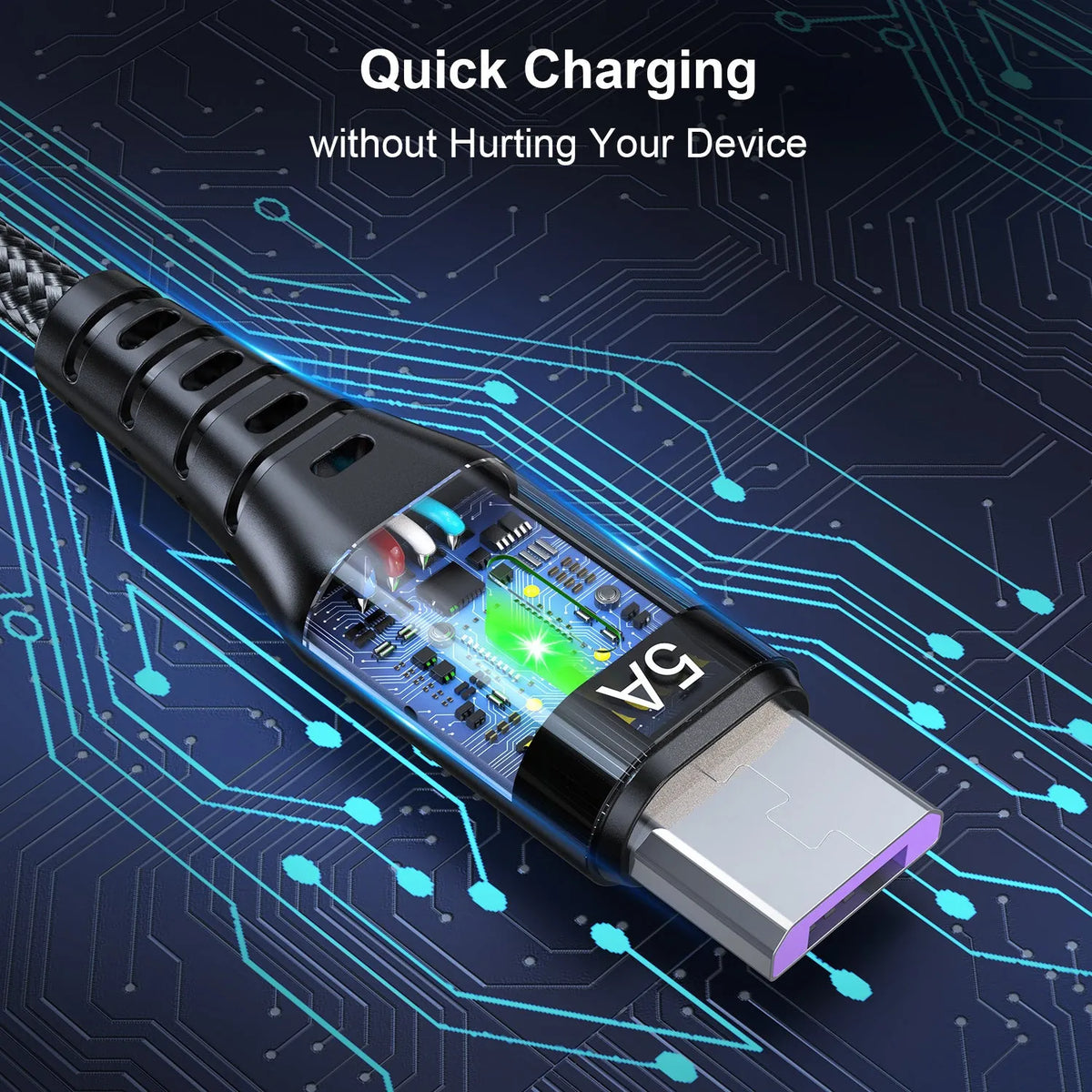 Braided data cable with green light stripe for Android and Type-C, available in black, blue, purple, red and lengths 0.3m to 3m
