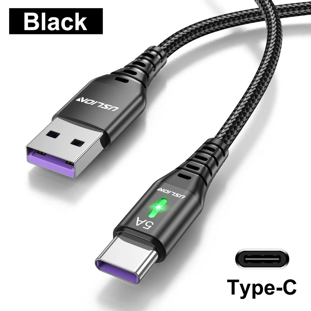 Braided data cable with green light stripe for Android and Type-C, available in black, blue, purple, red and lengths 0.3m to 3m