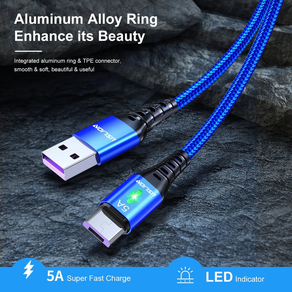 Braided data cable with green light stripe for Android and Type-C, available in black, blue, purple, red and lengths 0.3m to 3m