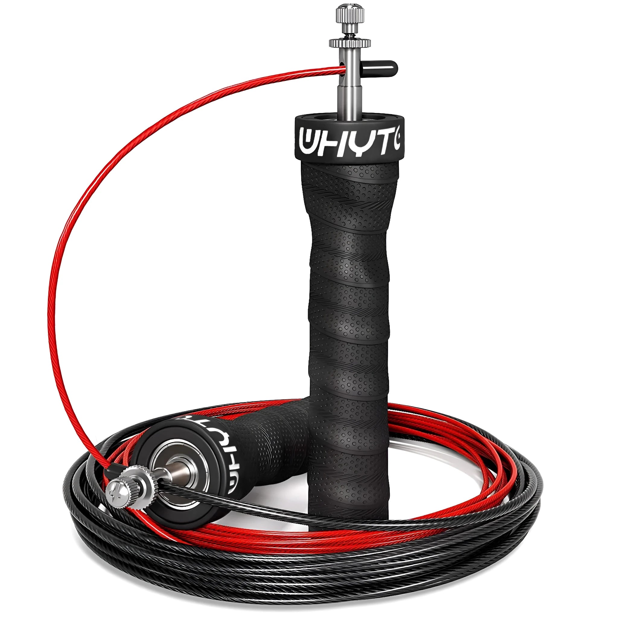 Jump rope with black PP handle, PU sweat belt, PVC wire rope on blue background