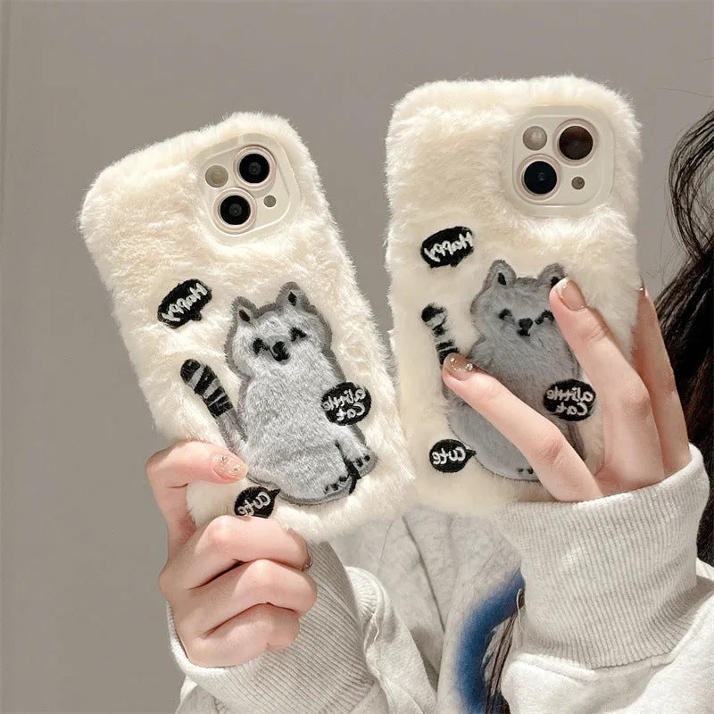 TPU phone case with plush embroidery happy cat and furry texture for Apple iPhone