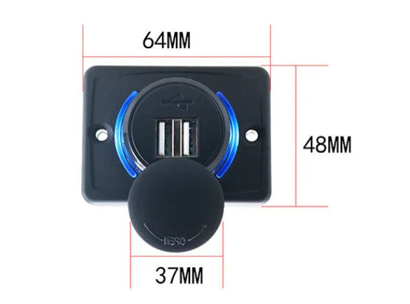 Black dual USB car charger with two mounting screws for 12V or 24V vehicle installation