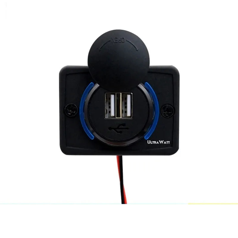 Black dual USB car charger with two mounting screws for 12V or 24V vehicle installation