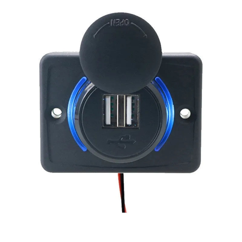 Black dual USB car charger with two mounting screws for 12V or 24V vehicle installation