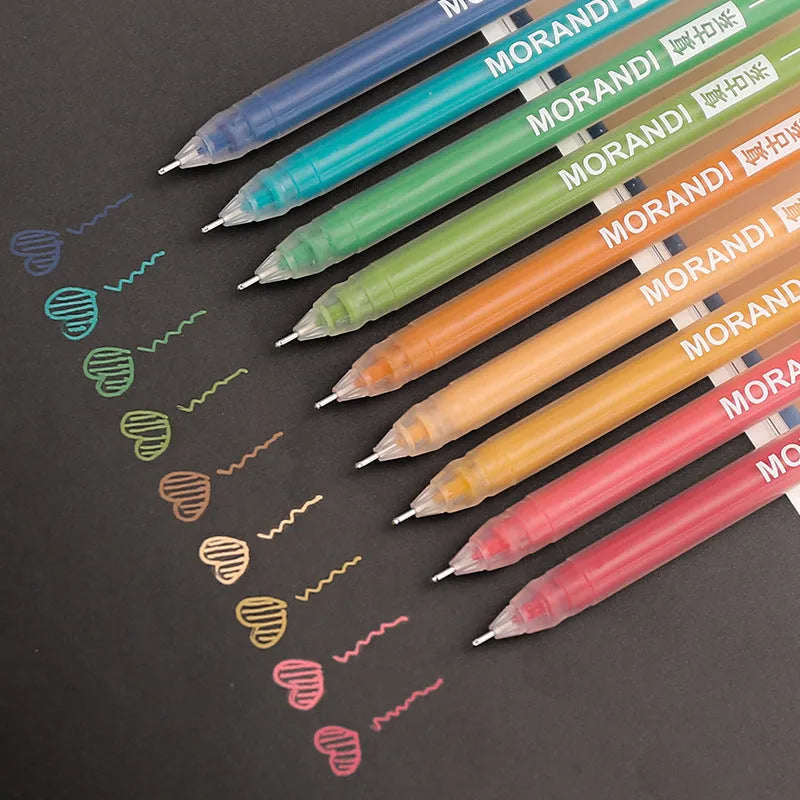 Set of nine solid colour gel pens with 0.5mm needle tips, packaged in a compact box.