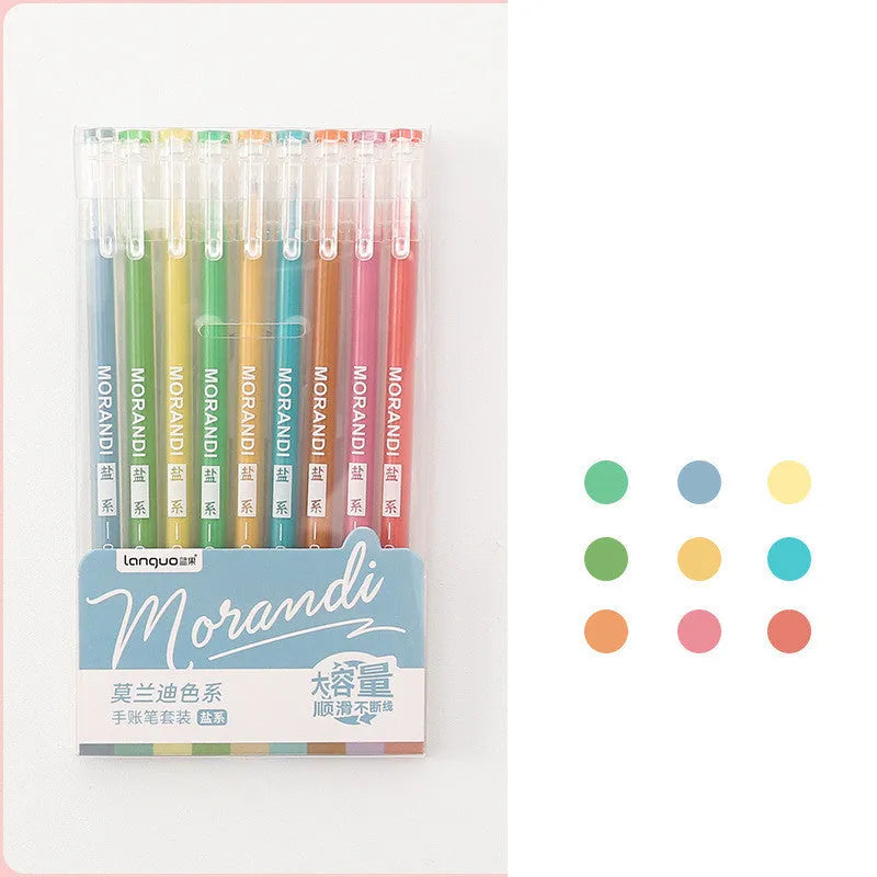 Set of nine solid colour gel pens with 0.5mm needle tips, packaged in a compact box.
