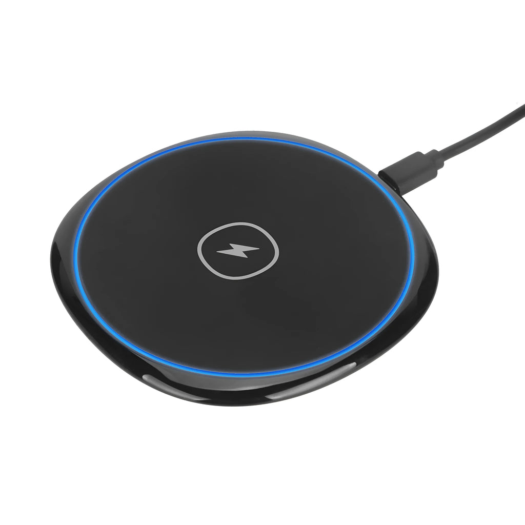 Black 15W fast wireless charger with glossy flat surface and indication function for Apple Huawei phones