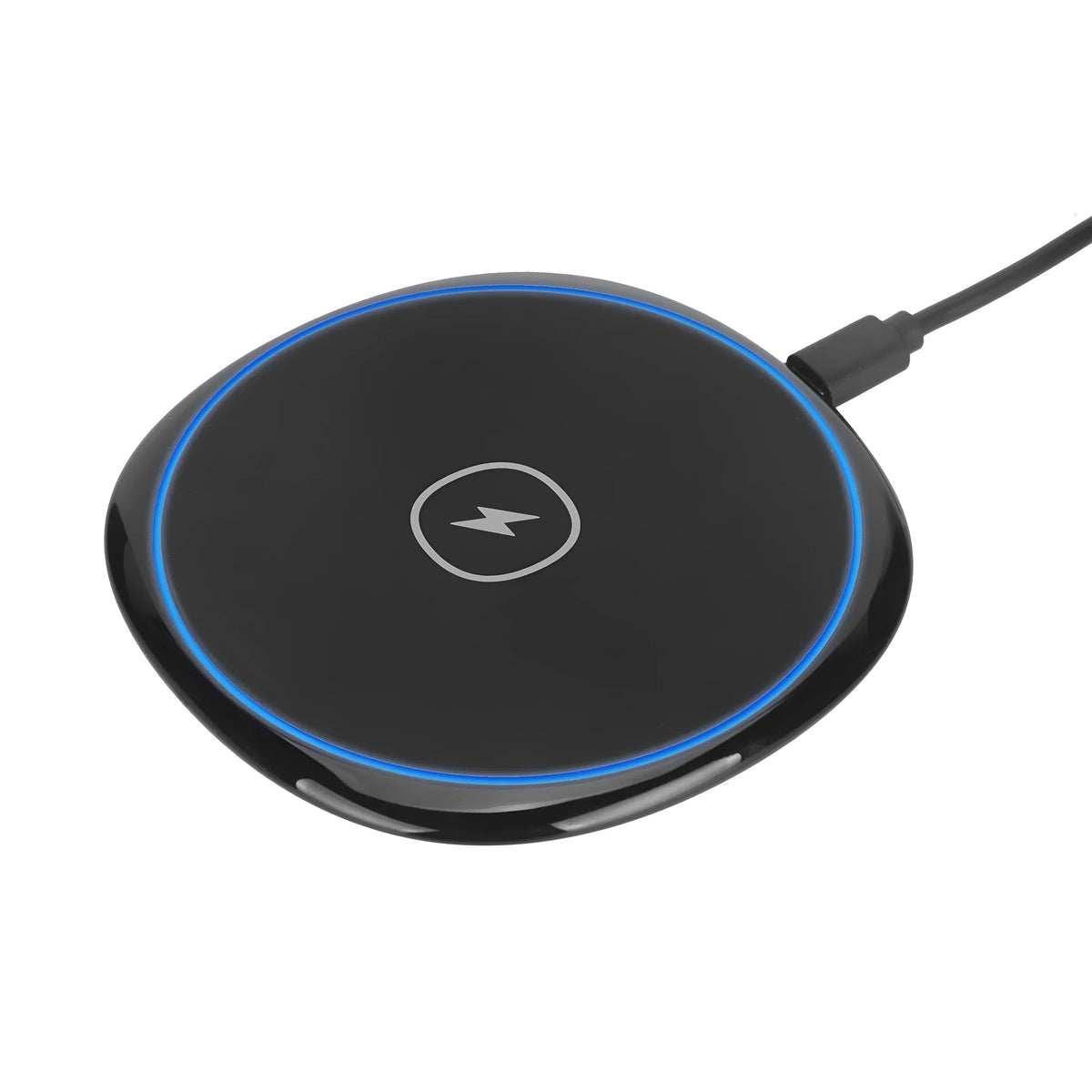 Black 15W fast wireless charger with glossy flat surface and indication function for Apple Huawei phones