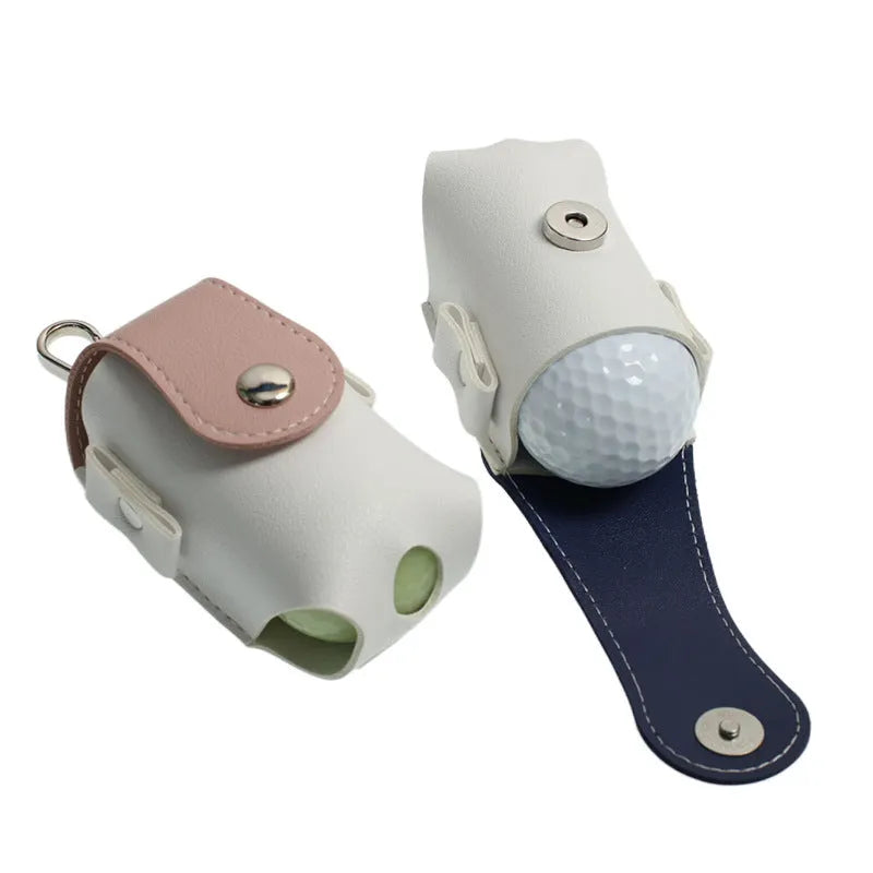 Mini PU golf ball bag in blue, brown, gray, and pink, 9.5 cm length, on white background