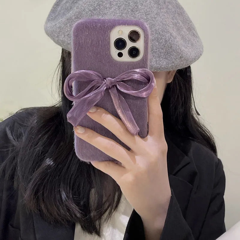 Purple Korean style silk bow mink plush phone case for Apple iPhone models