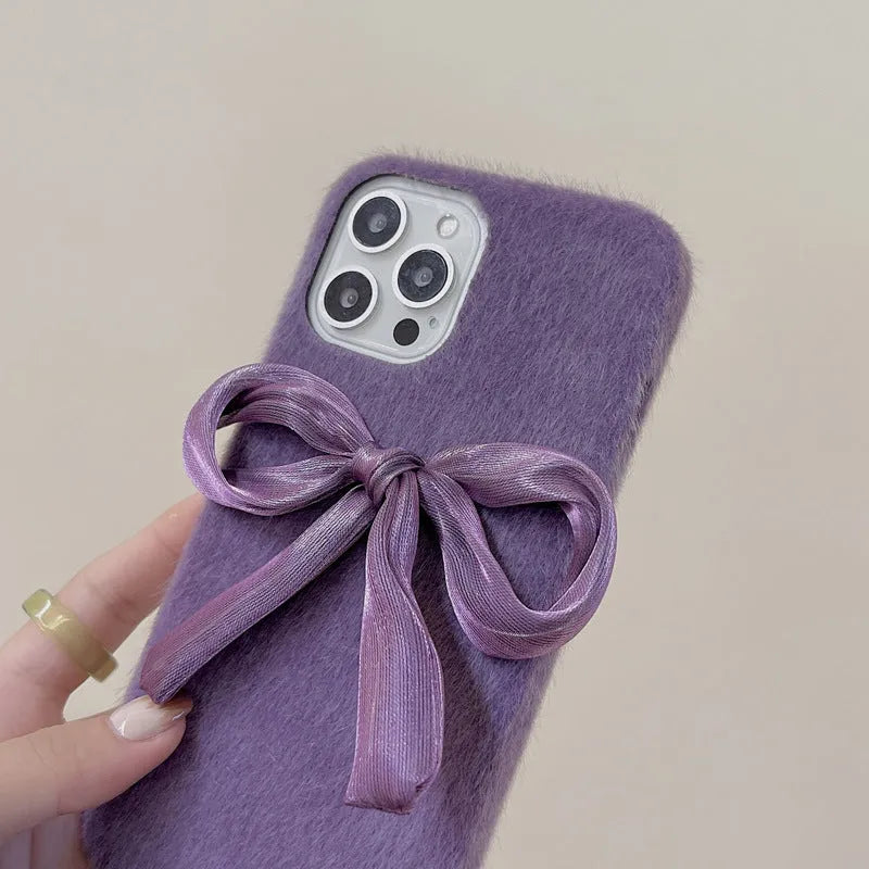 Purple Korean style silk bow mink plush phone case for Apple iPhone models