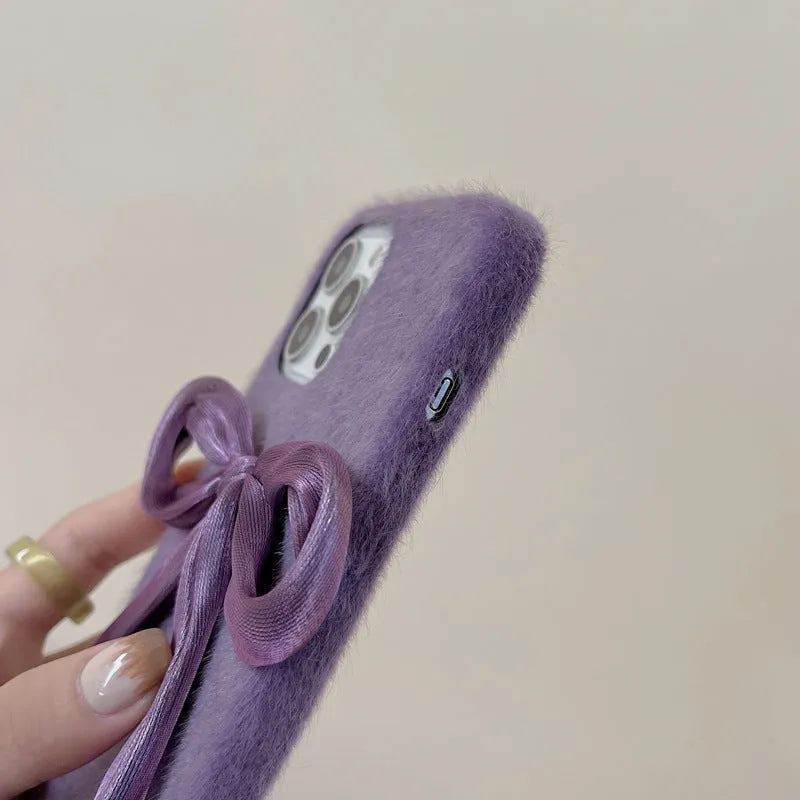 Purple Korean style silk bow mink plush phone case for Apple iPhone models