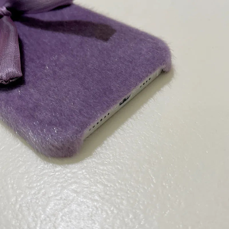 Purple Korean style silk bow mink plush phone case for Apple iPhone models