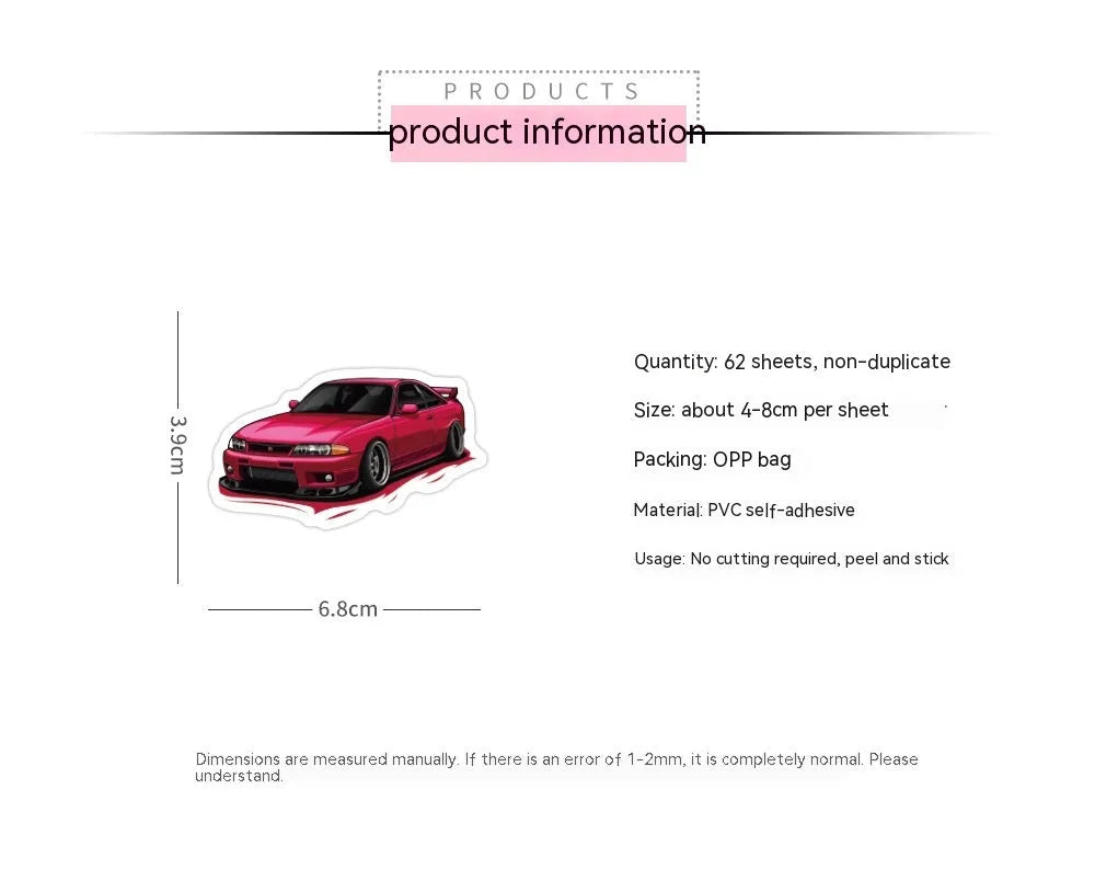 Set of 60 colourful sports car graffiti design stickers on a white background.