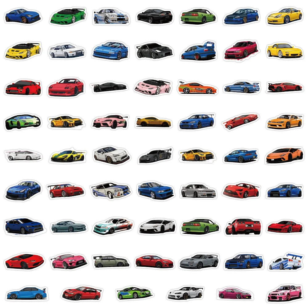 Set of 60 colourful sports car graffiti design stickers on a white background.
