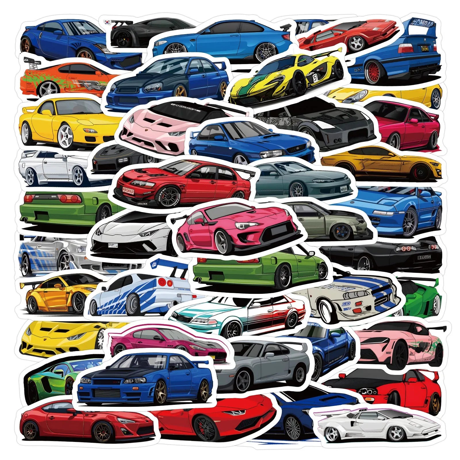 Set of 60 colourful sports car graffiti design stickers on a white background.