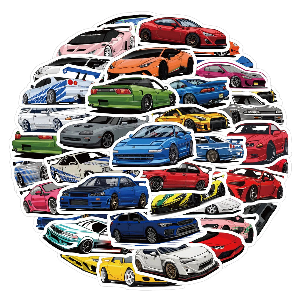 Set of 60 colourful sports car graffiti design stickers on a white background.