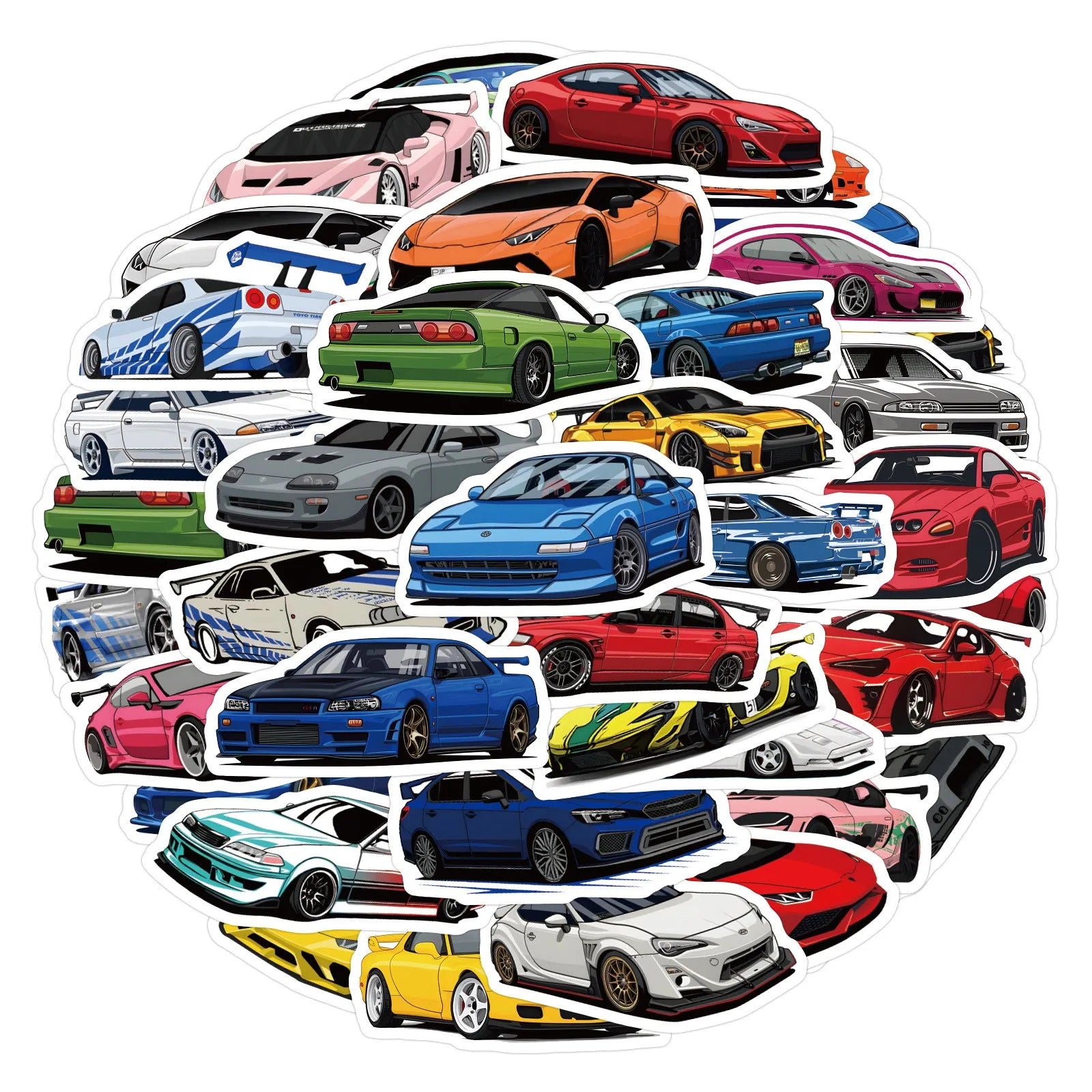 Set of 60 colourful sports car graffiti design stickers on a white background.