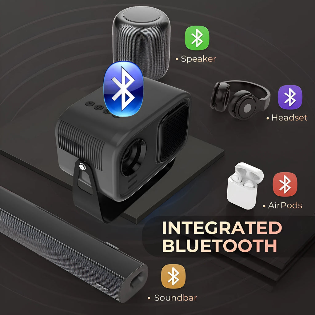 Black portable HD projector with remote control and international plug adapters