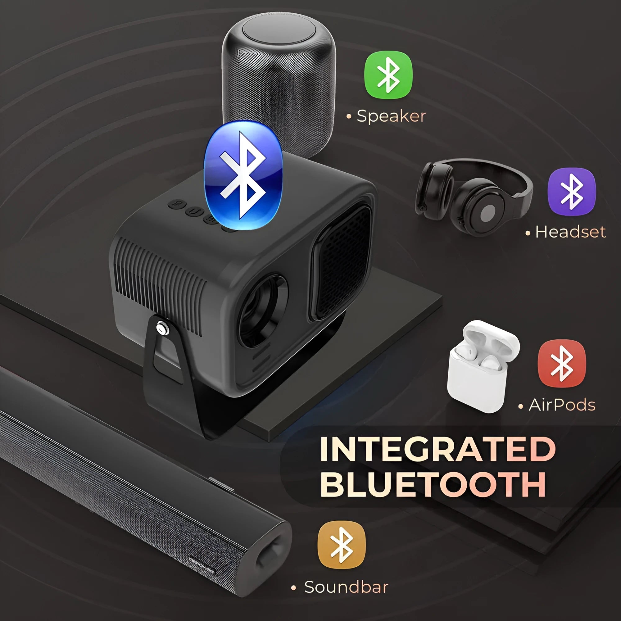 Black portable HD projector with remote control and international plug adapters