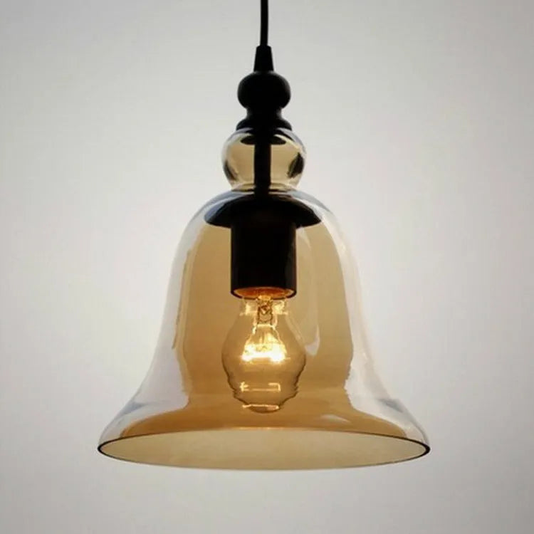 Bell glass chandelier with wrought iron frame, 21cm diameter and 25cm height, amber glass shade, painted metal finish