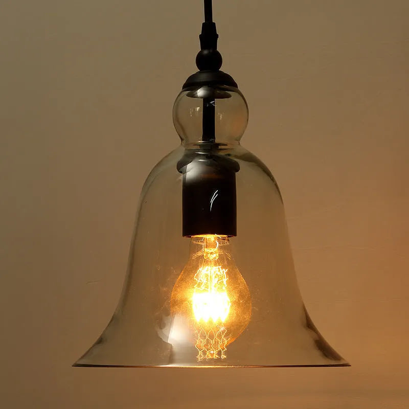 Bell glass chandelier with wrought iron frame, 21cm diameter and 25cm height, amber glass shade, painted metal finish