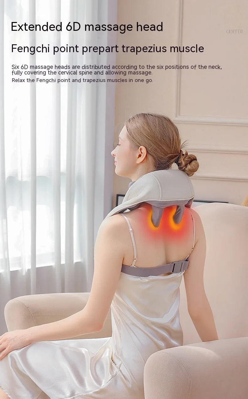 Milky white rechargeable shoulder and neck massager for cervical spine kneading with infrared physiotherapy.