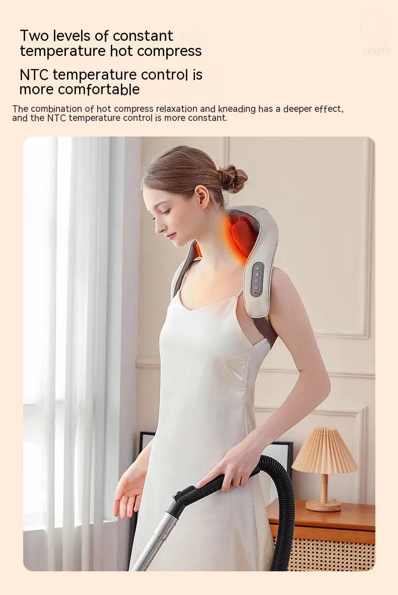 Milky white rechargeable shoulder and neck massager for cervical spine kneading with infrared physiotherapy.