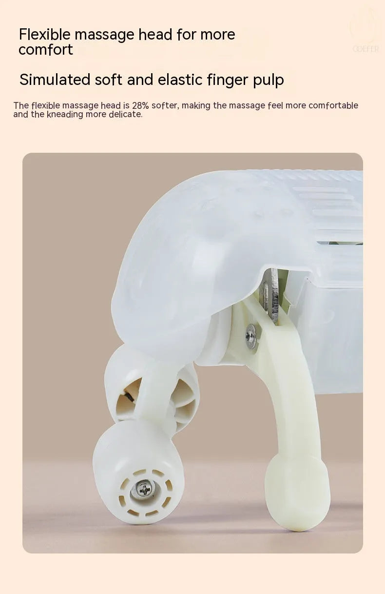 Milky white rechargeable shoulder and neck massager for cervical spine kneading with infrared physiotherapy.