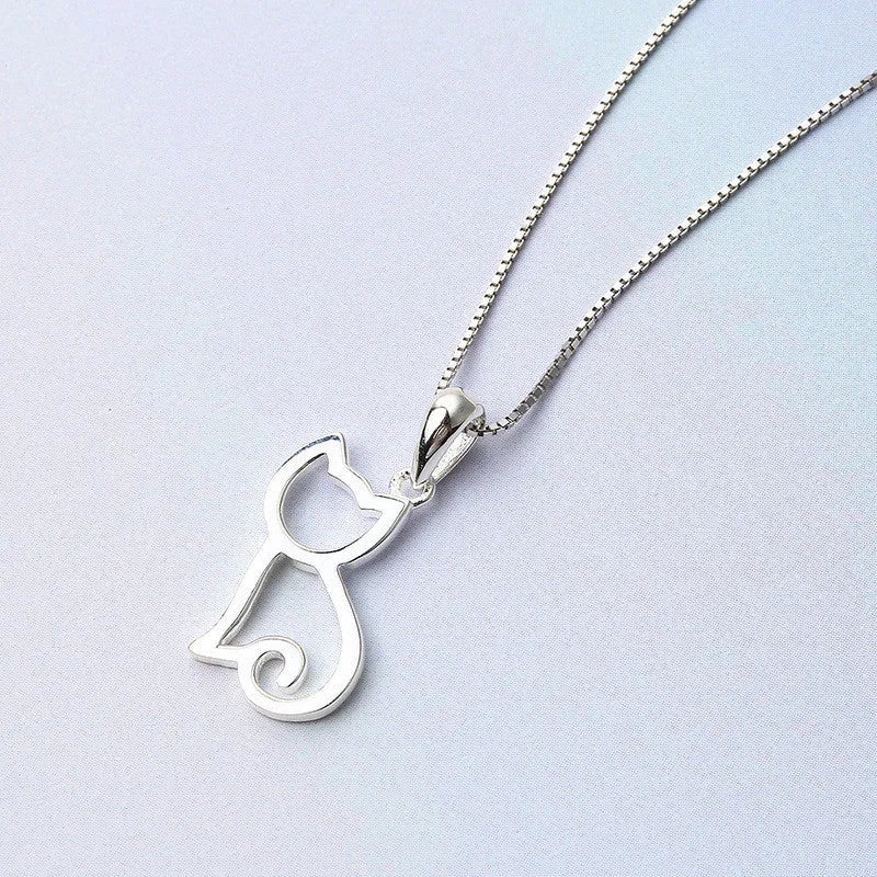 Korean style cat necklace with simple silver animal pendant and necklace option