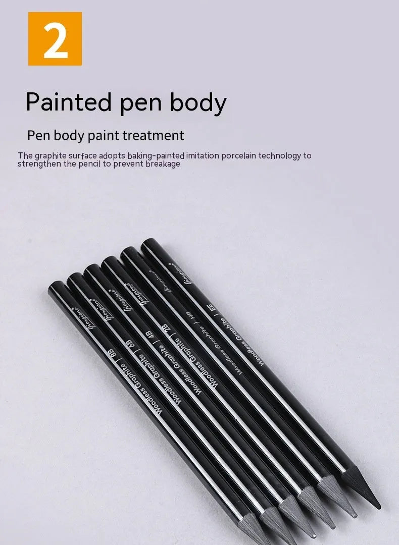 Set of six graphite and three carbonised drawing pencils with wooden casings on a white suction card.