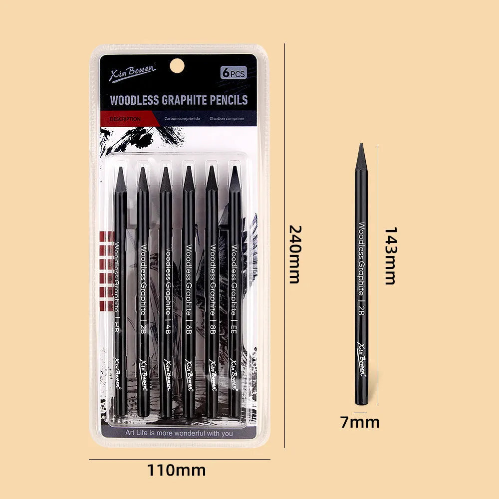 Set of six wood-free graphite sketching pencils with HB, 2B, 4B, 6B, 8B, EE gradings for art.