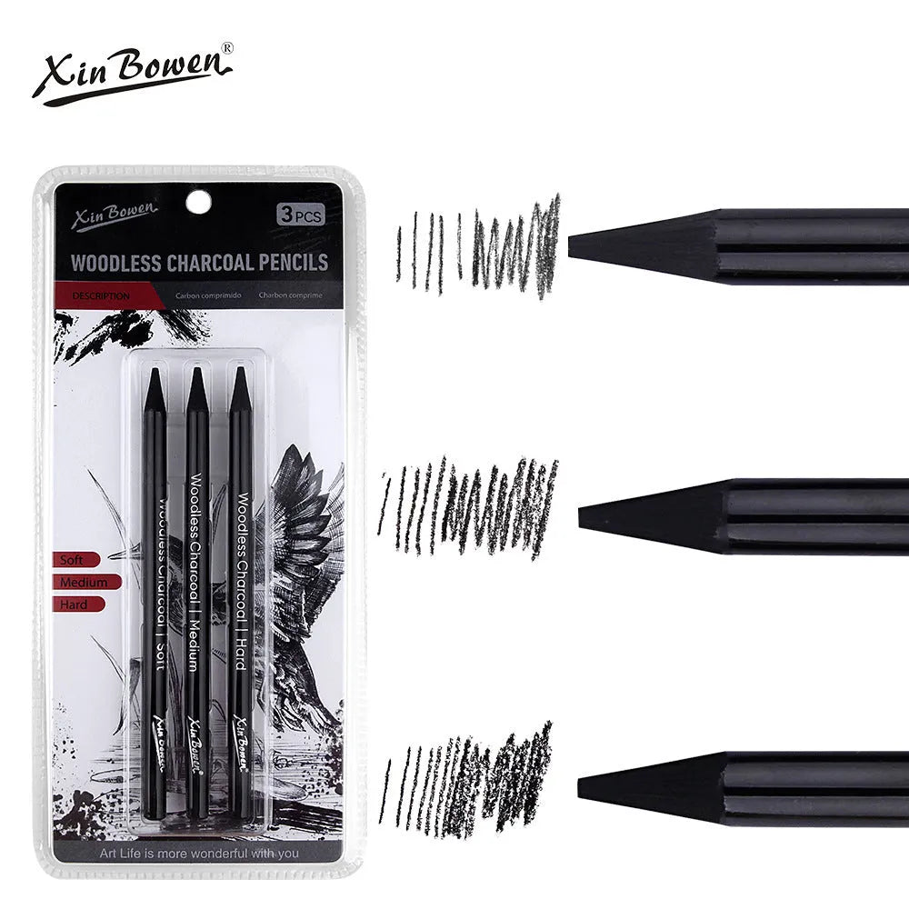 Set of six wood-free graphite sketching pencils with HB, 2B, 4B, 6B, 8B, EE gradings for art.