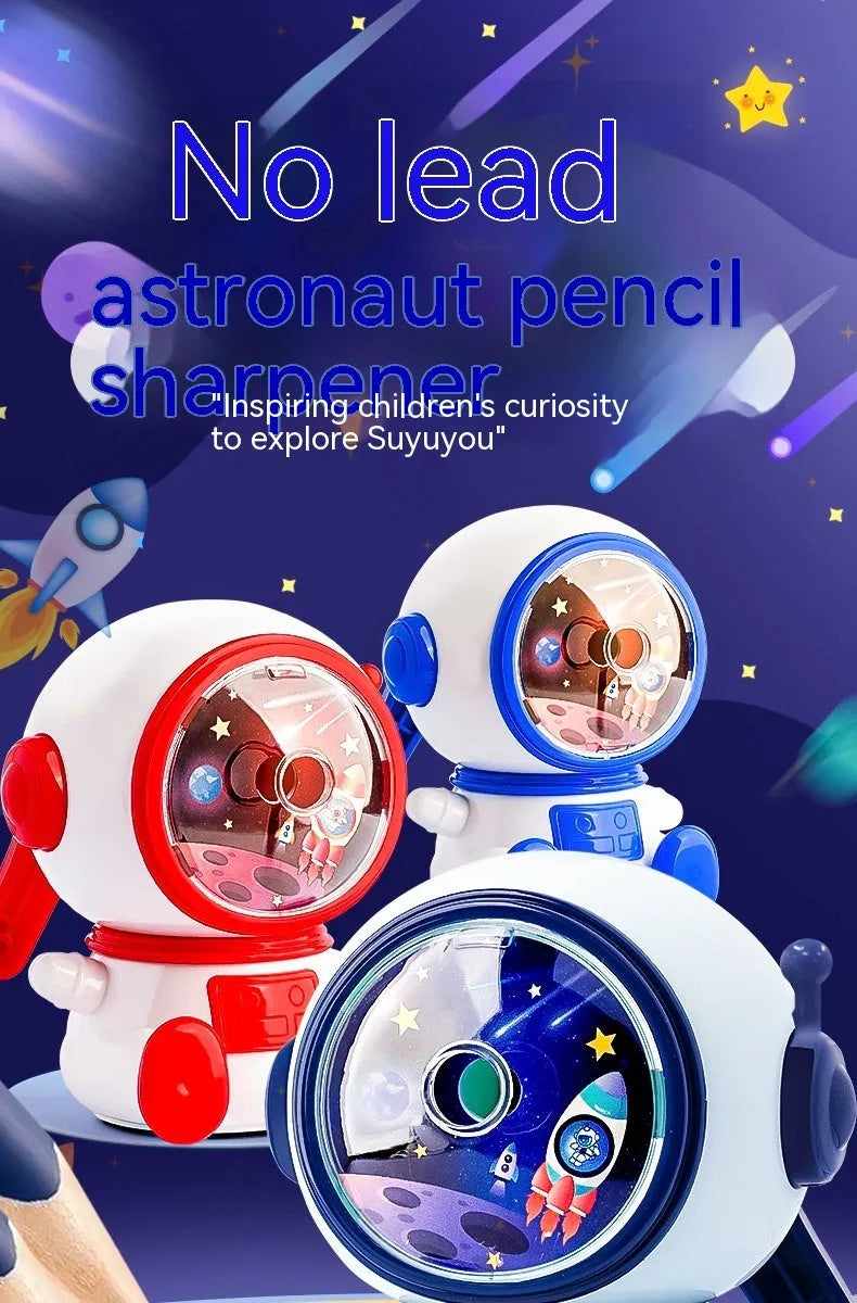 Blue cartoon astronaut manual pencil sharpener with adjustable blades on a white background.