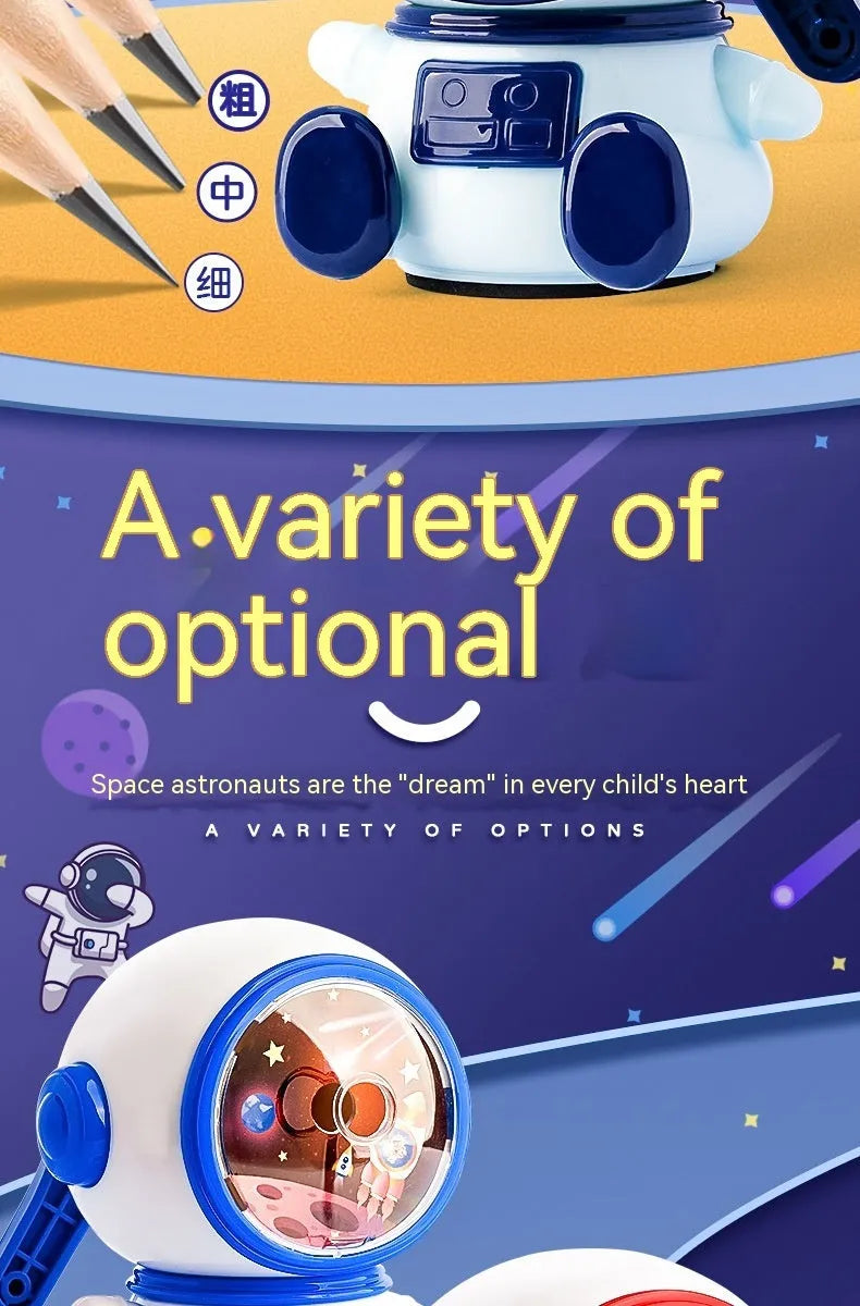 Blue cartoon astronaut manual pencil sharpener with adjustable blades on a white background.