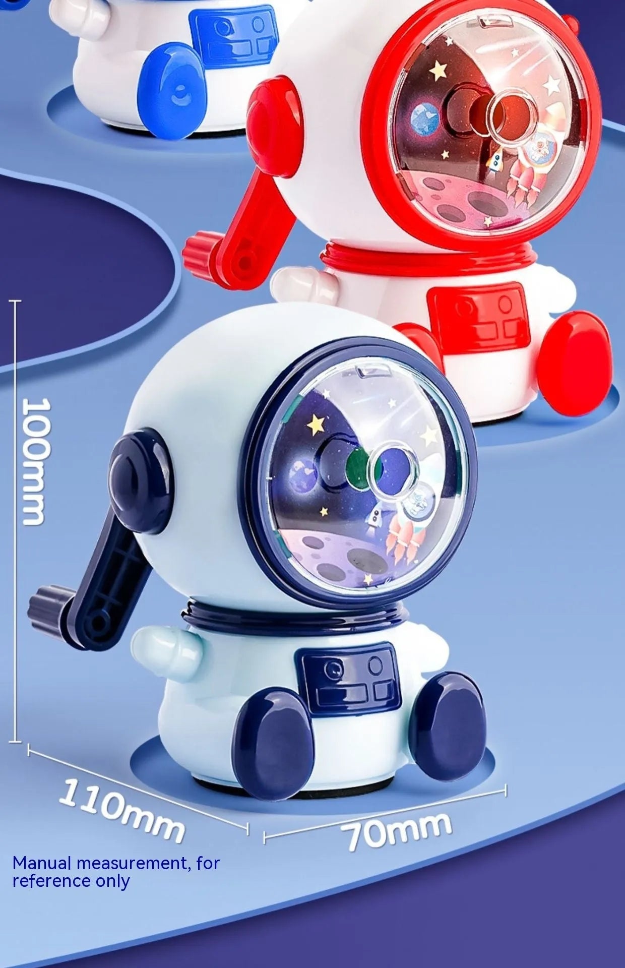 Blue cartoon astronaut manual pencil sharpener with adjustable blades on a white background.