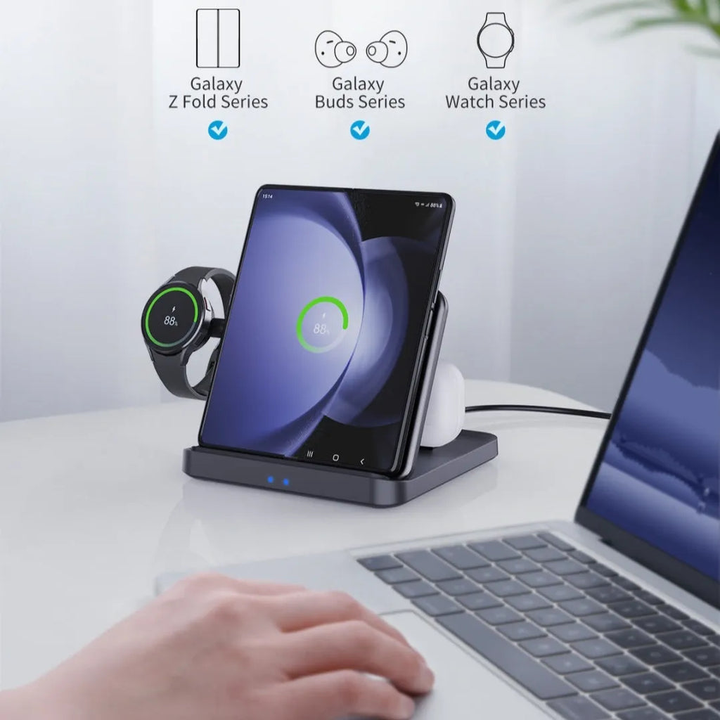 Three-in-one foldable wireless charger bracket with Type C input, 15W max output, ABS PC PMMA build