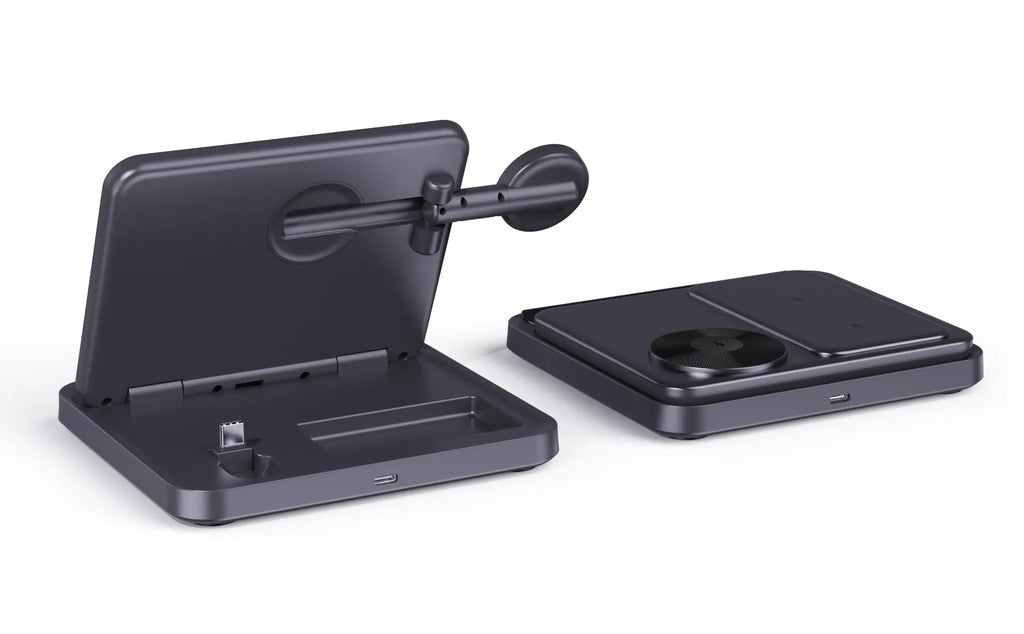 Three-in-one foldable wireless charger bracket with Type C input, 15W max output, ABS PC PMMA build