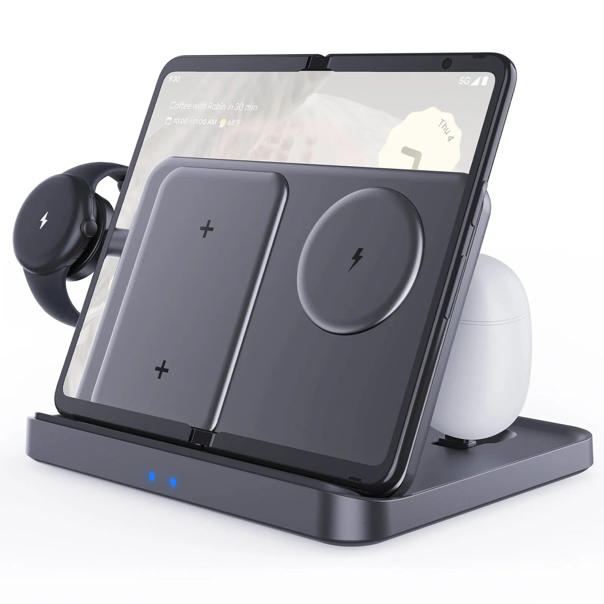 Three-in-one foldable wireless charger bracket with Type C input, 15W max output, ABS PC PMMA build