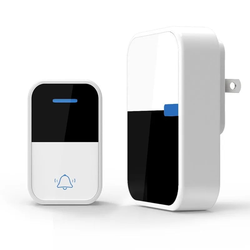 White plastic wireless doorbell receiver and transmitter units on a plain background