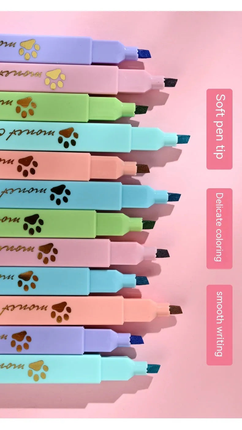 Cat's Paw fluorescent marker pen set with six colours in a plastic case, showing oblique nibs.