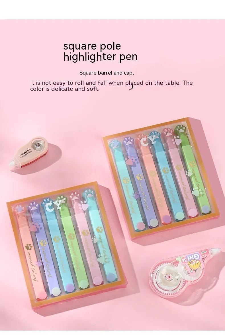 Cat's Paw fluorescent marker pen set with six colours in a plastic case, showing oblique nibs.
