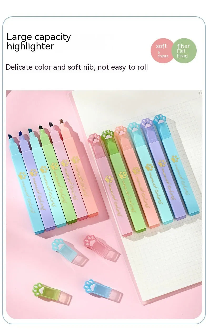 Cat's Paw fluorescent marker pen set with six colours in a plastic case, showing oblique nibs.