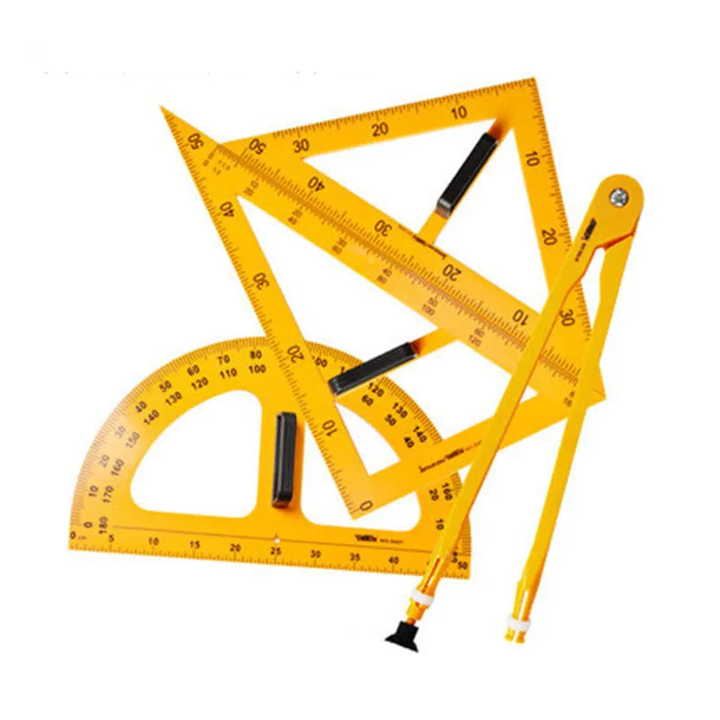 Orange and black plastic mathematics set with triangle rulers, protractor and chalk compass