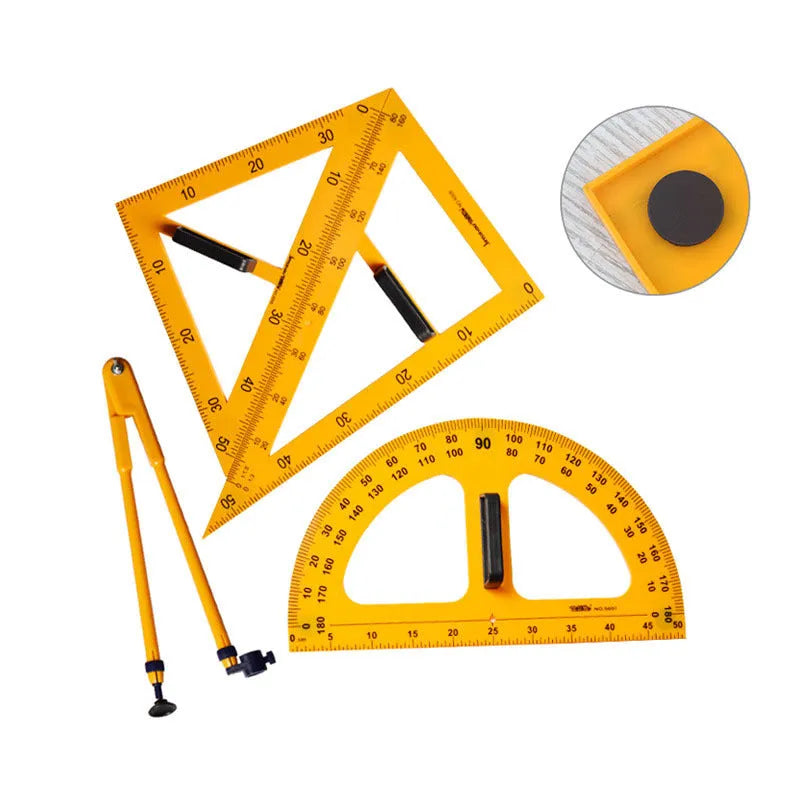 Orange and black plastic mathematics set with triangle rulers, protractor and chalk compass