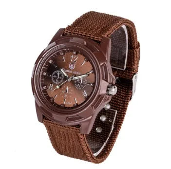 Cloth belt weaving military watch with quartz movement 40.5mm round dial and textile strap on display