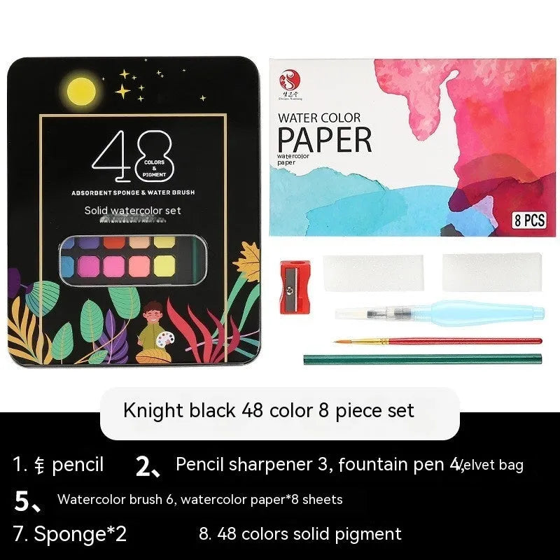 Box of 48 solid watercolour paints including Black Knight, Girl Pink, and Sunshine Blue colours.