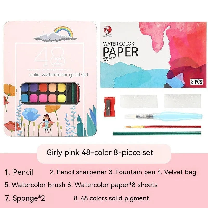 Box of 48 solid watercolour paints including Black Knight, Girl Pink, and Sunshine Blue colours.