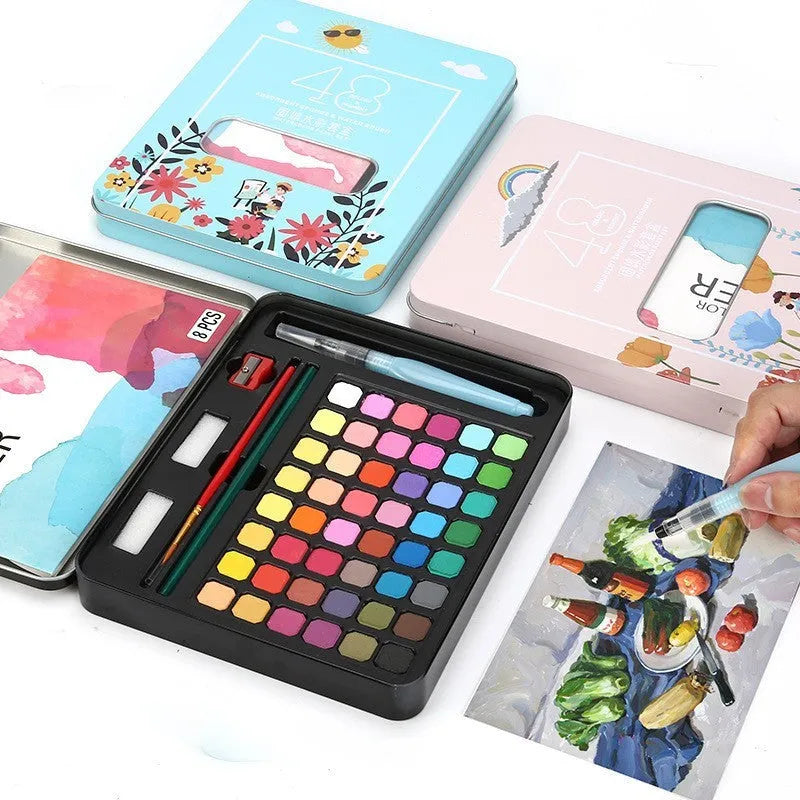 Box of 48 solid watercolour paints including Black Knight, Girl Pink, and Sunshine Blue colours.