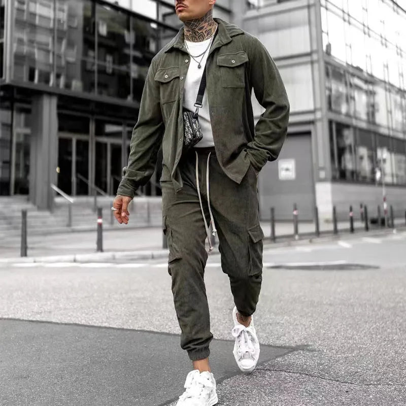 Men's cotton blend long sleeve sports suit set with jacket and trousers, casual autumn two piece in army green grey light blue khaki
